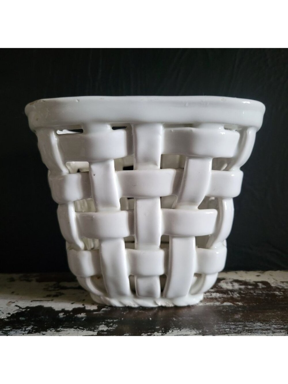 Vintage White Woven Ceramic Planter Handcrafted In Spain, Cachepot